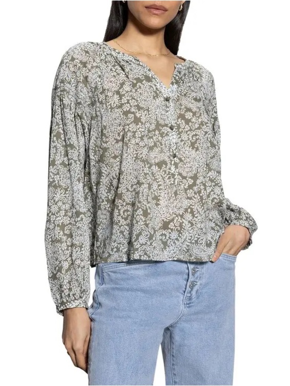 Sanctuary Sage Paisley V-Neck Button Blouse
